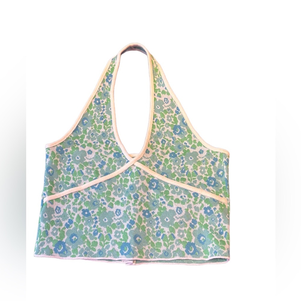 NWT Zara Floral Knit Halter Top - Blue & Green - Size Large